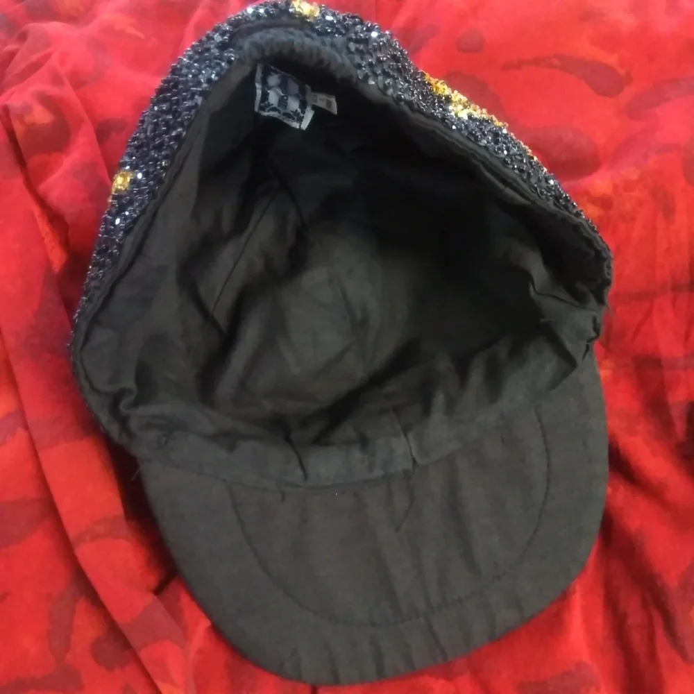 Retro 90s Beaded All Sequin Embellished Black Gold Star Cloth Hat By Magic Craft